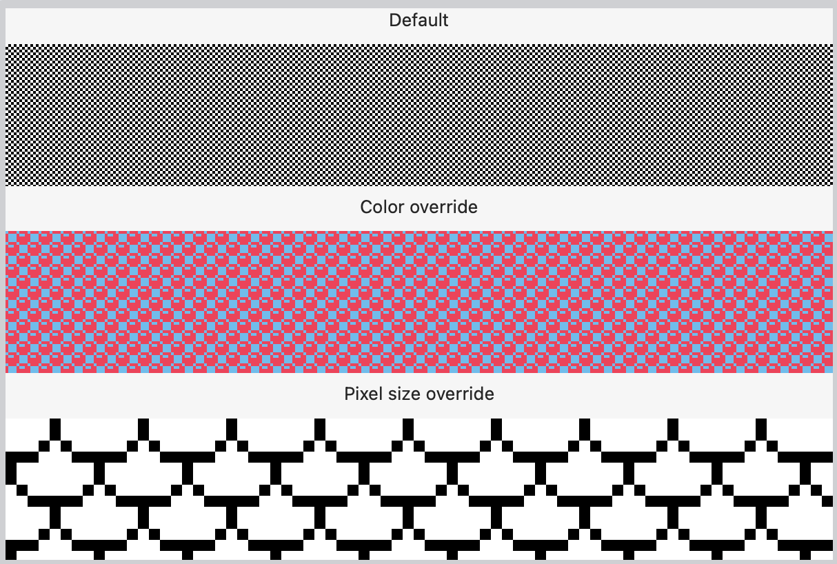 Screenshots of the patterns showing the different overrides