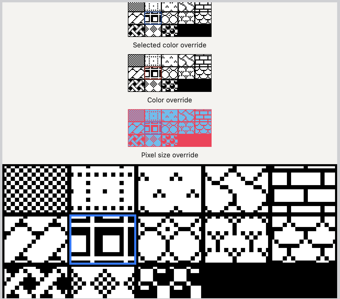 Screenshots of the pattern picker showing the different overrides